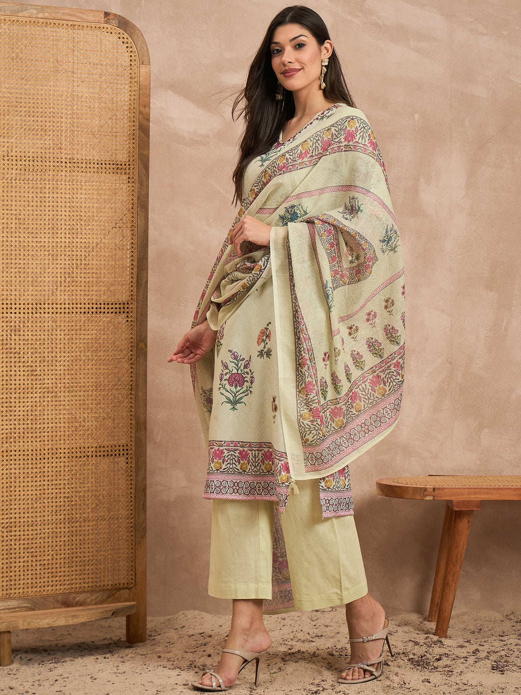 Women Floral Printed Cotton Kurta with Palazzos & Dupatta
