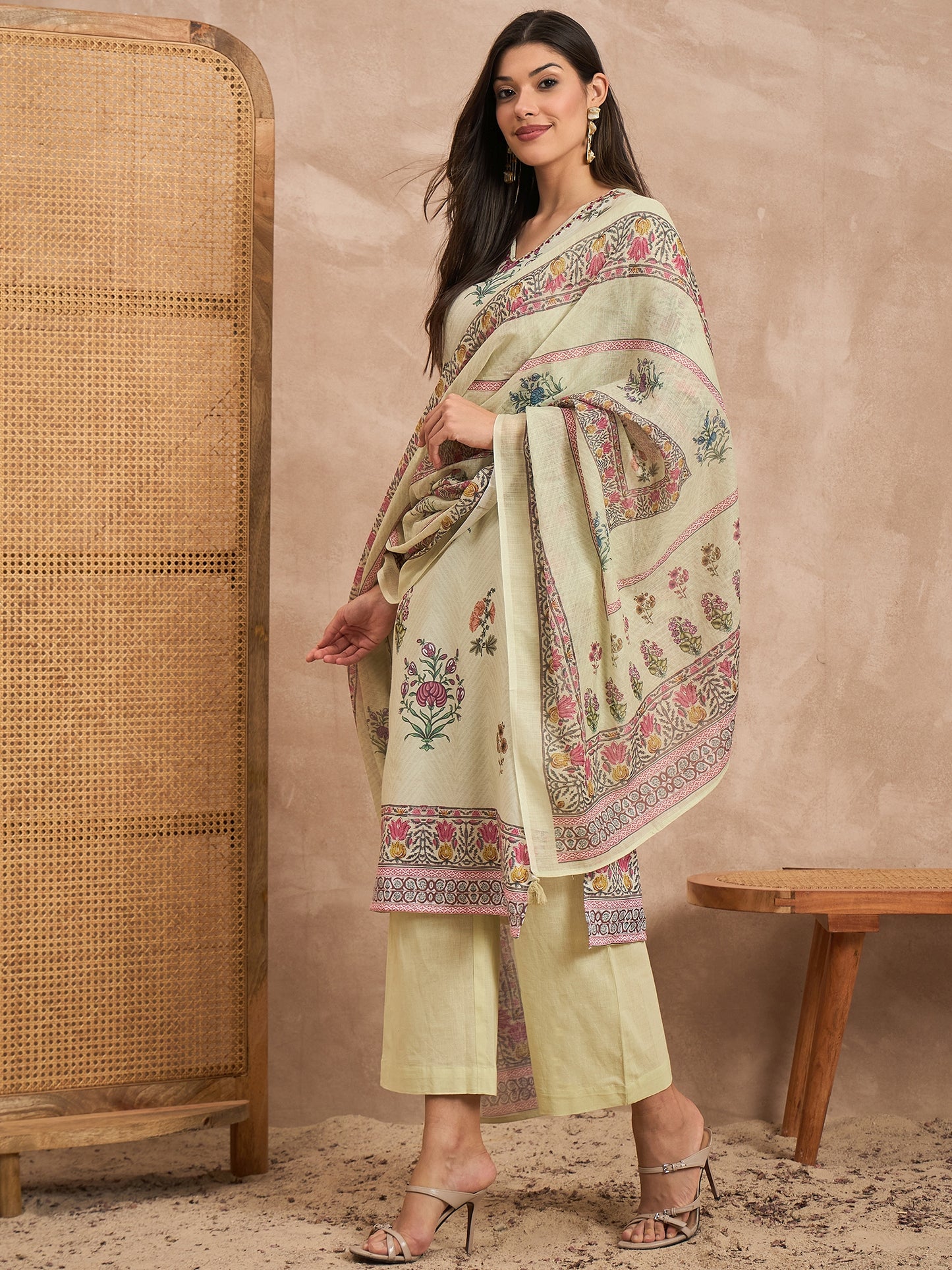 Women Floral Printed Cotton Kurta with Palazzos & Dupatta