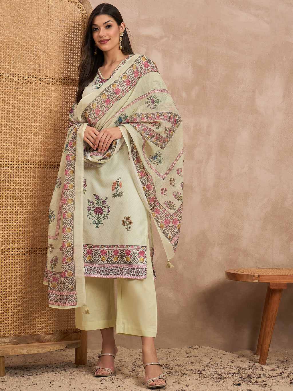 Women Floral Printed Cotton Kurta with Palazzos & Dupatta