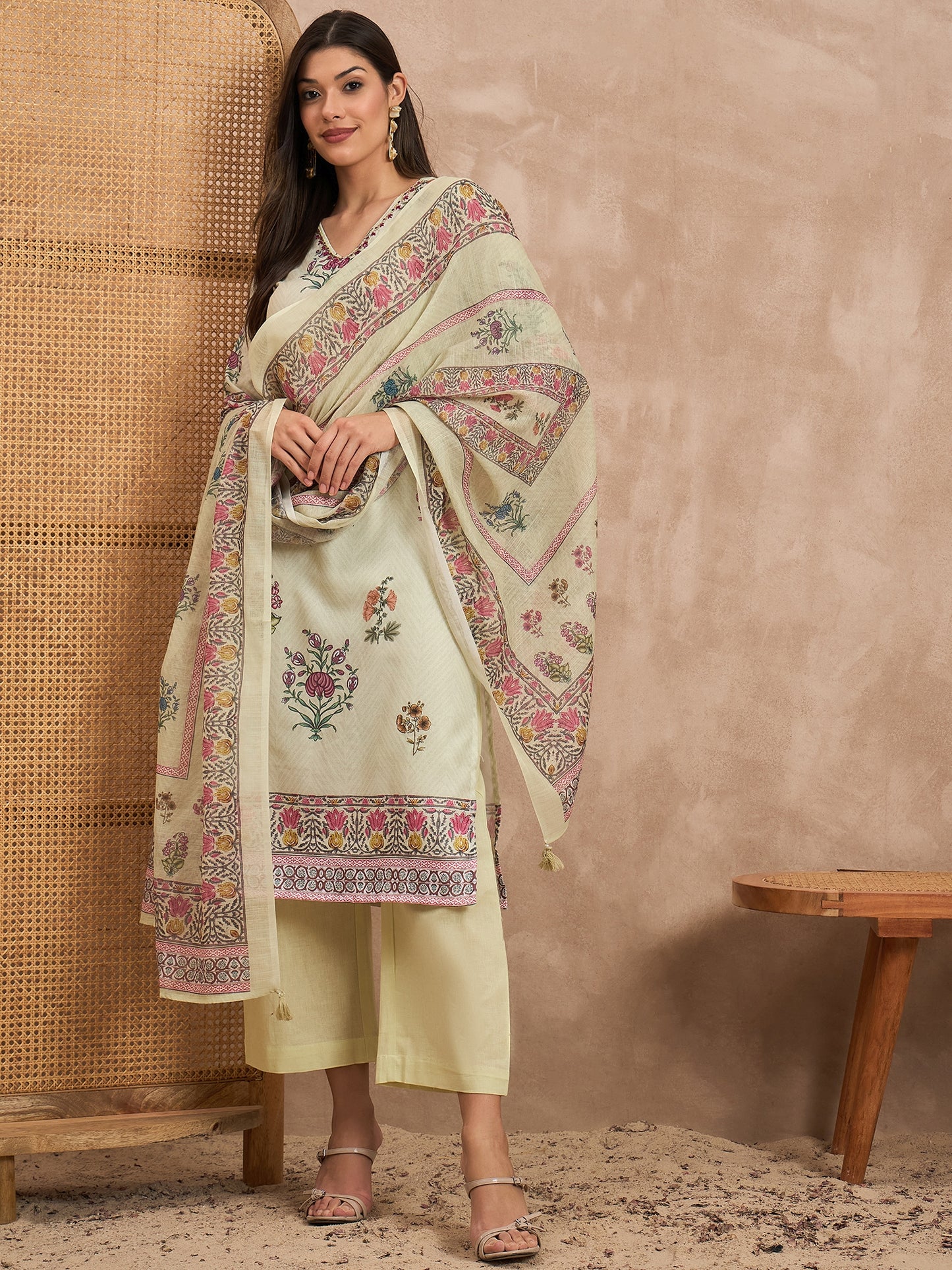 Women Floral Printed Cotton Kurta with Palazzos & Dupatta