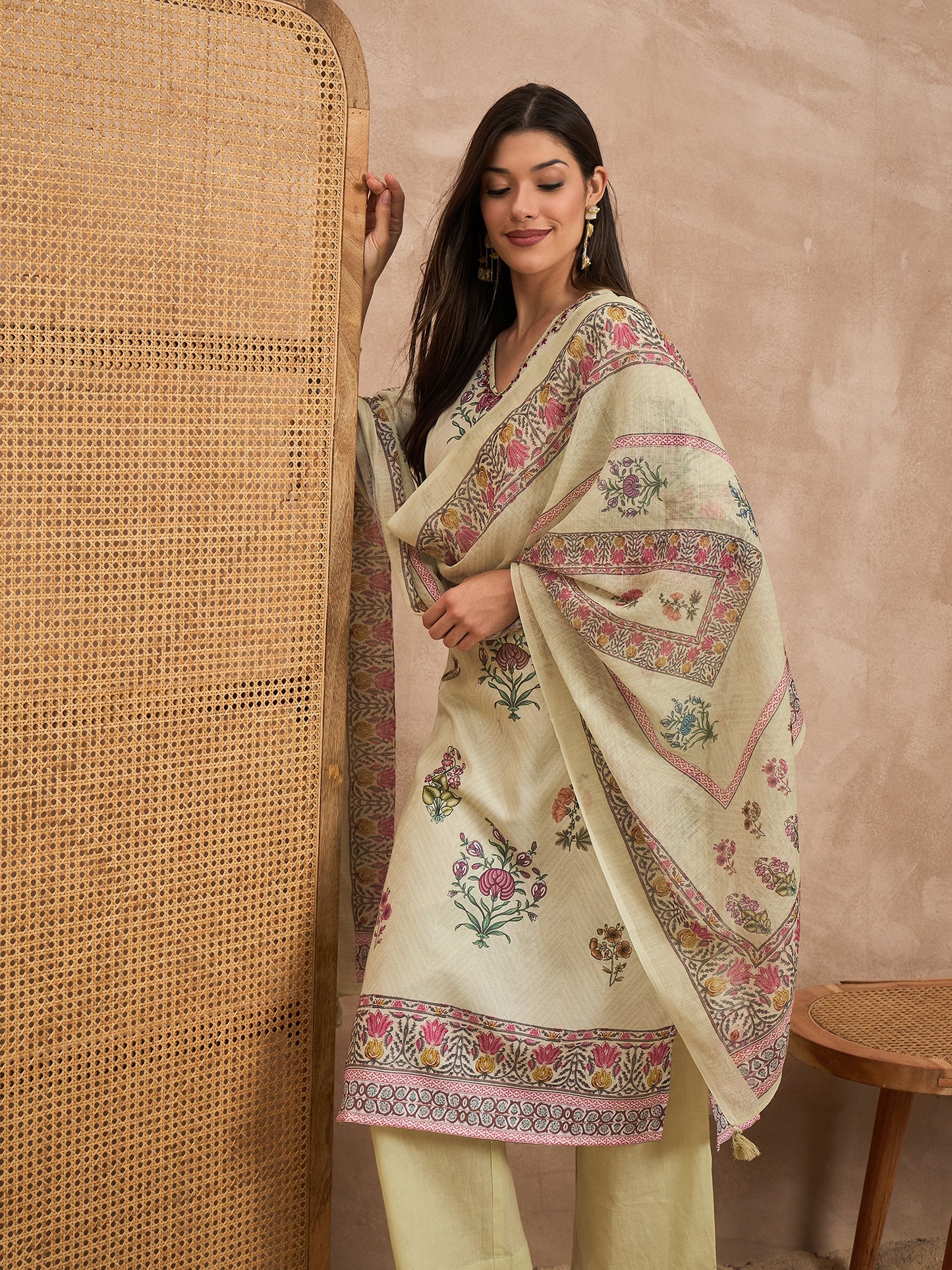 Women Floral Printed Cotton Kurta with Palazzos & Dupatta