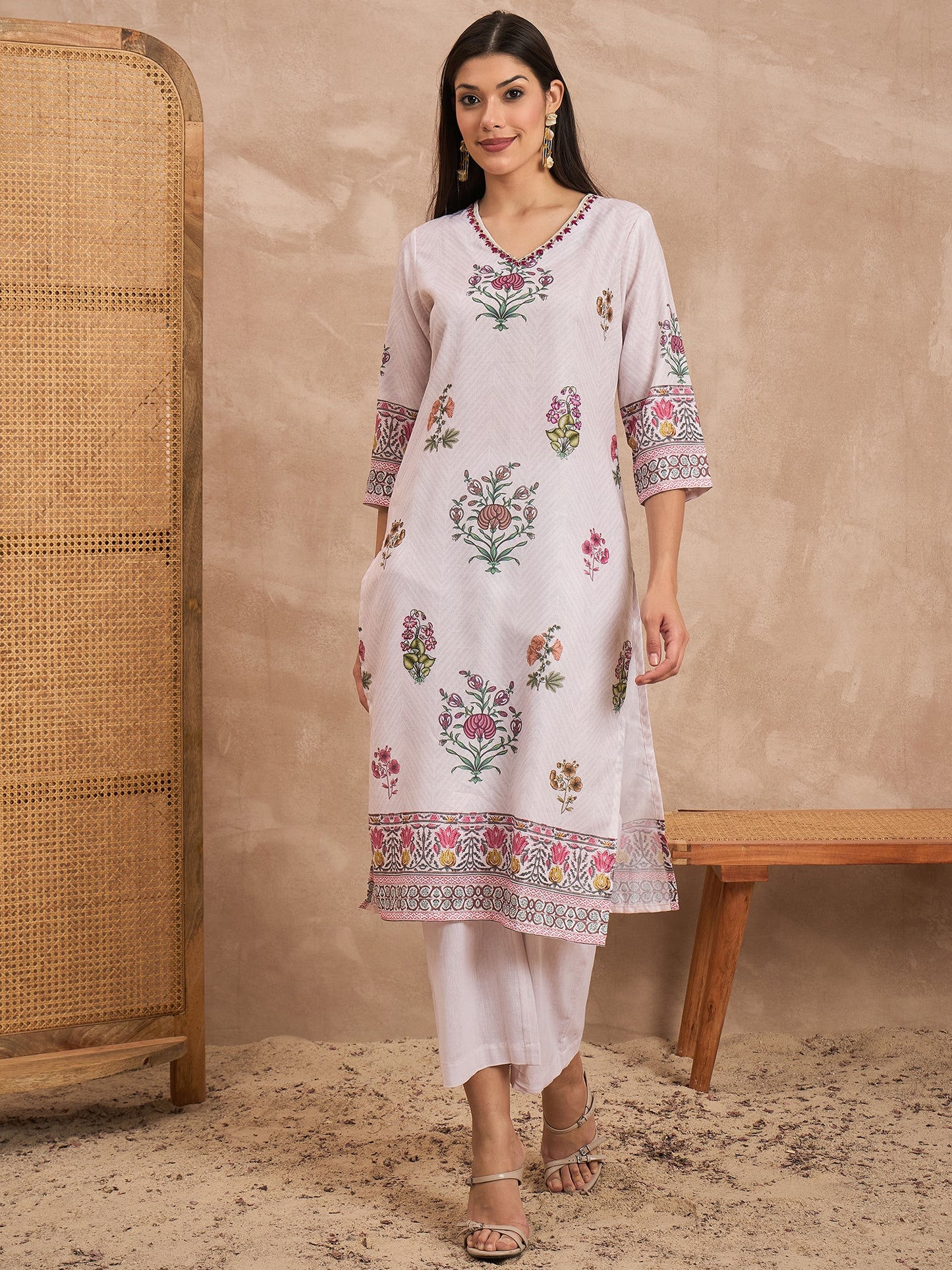 Women Floral Printed Cotton Kurta with Palazzos & Dupatta