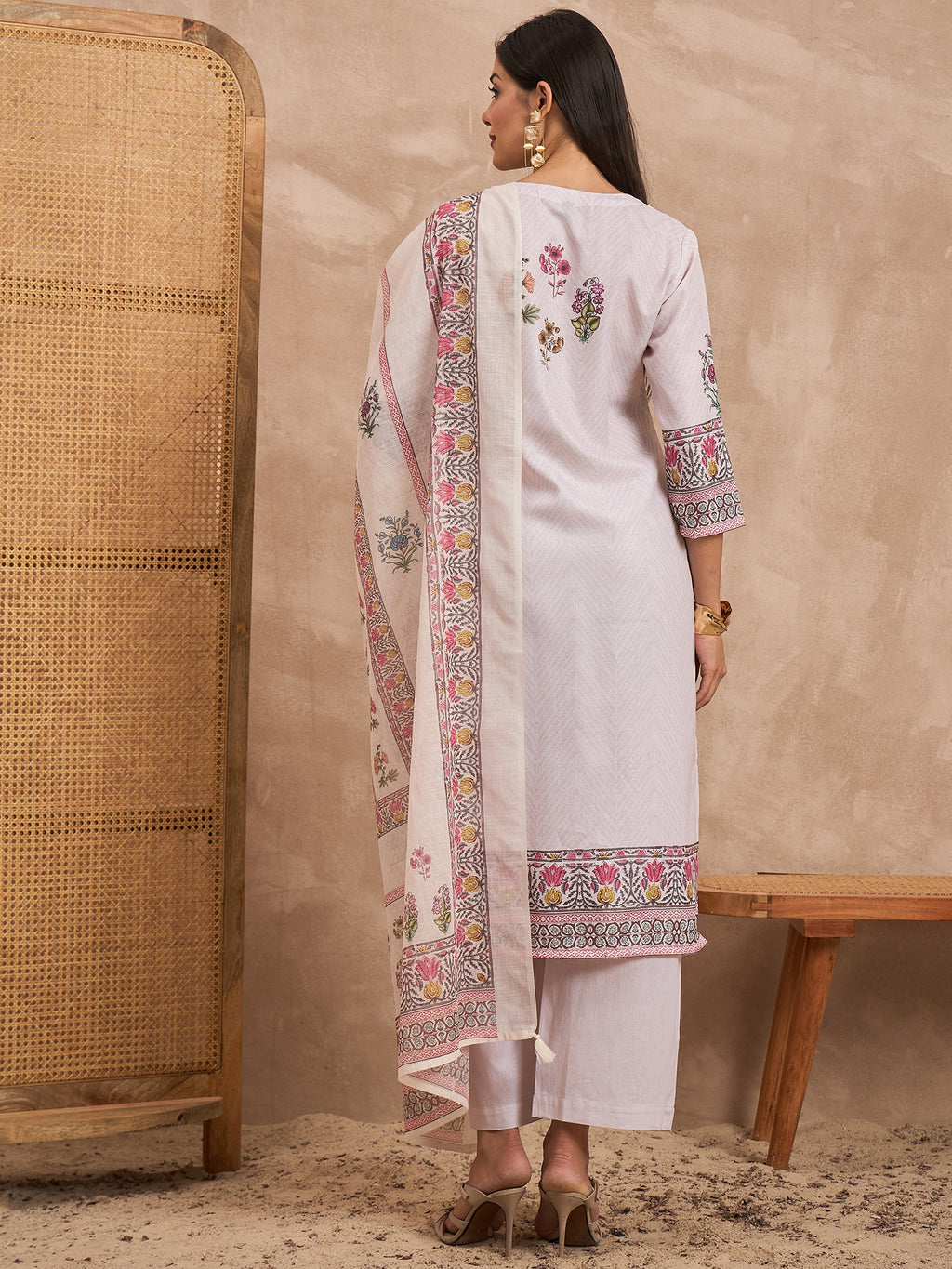 Women Floral Printed Cotton Kurta with Palazzos & Dupatta