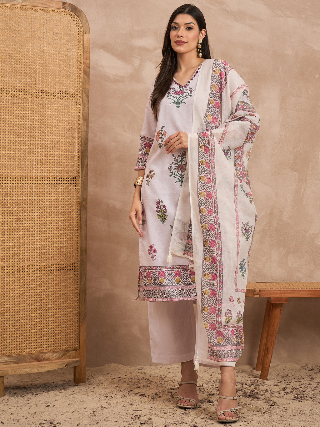 Women Floral Printed Cotton Kurta with Palazzos & Dupatta