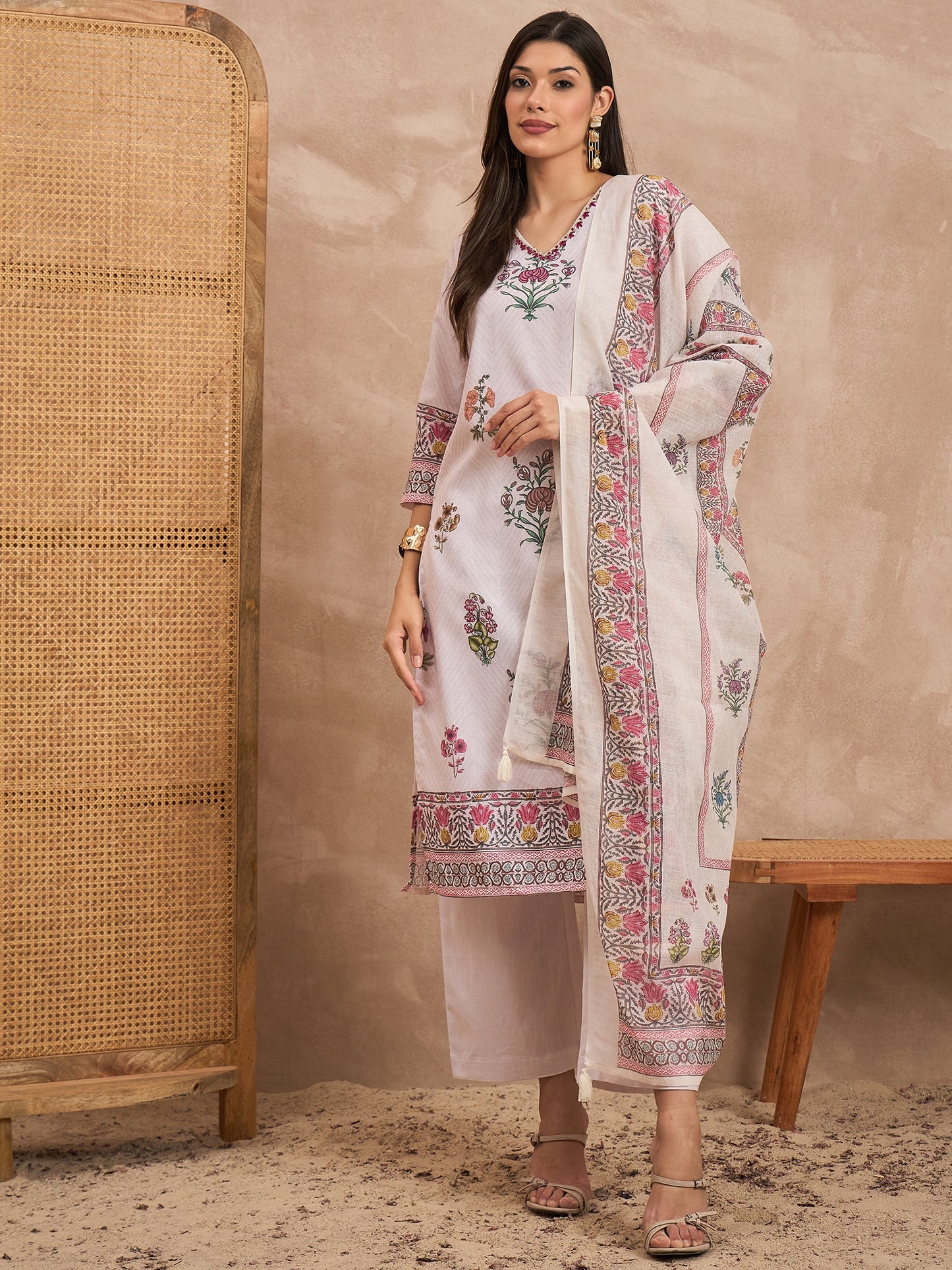 Women Floral Printed Cotton Kurta with Palazzos & Dupatta