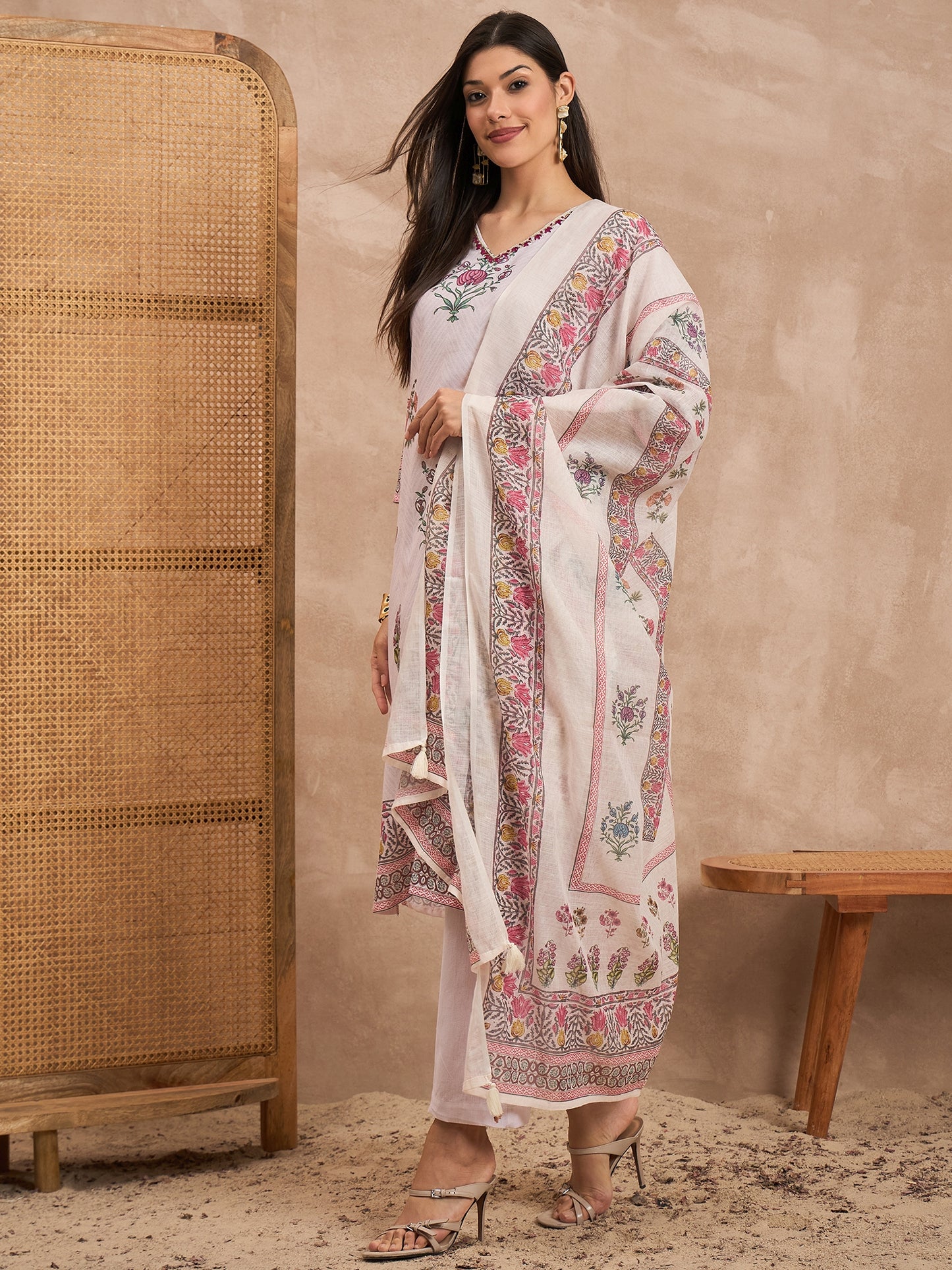 Women Floral Printed Cotton Kurta with Palazzos & Dupatta