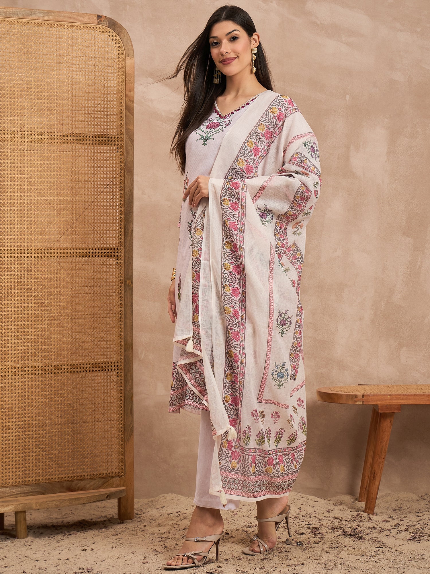 Women Floral Printed Cotton Kurta with Palazzos & Dupatta