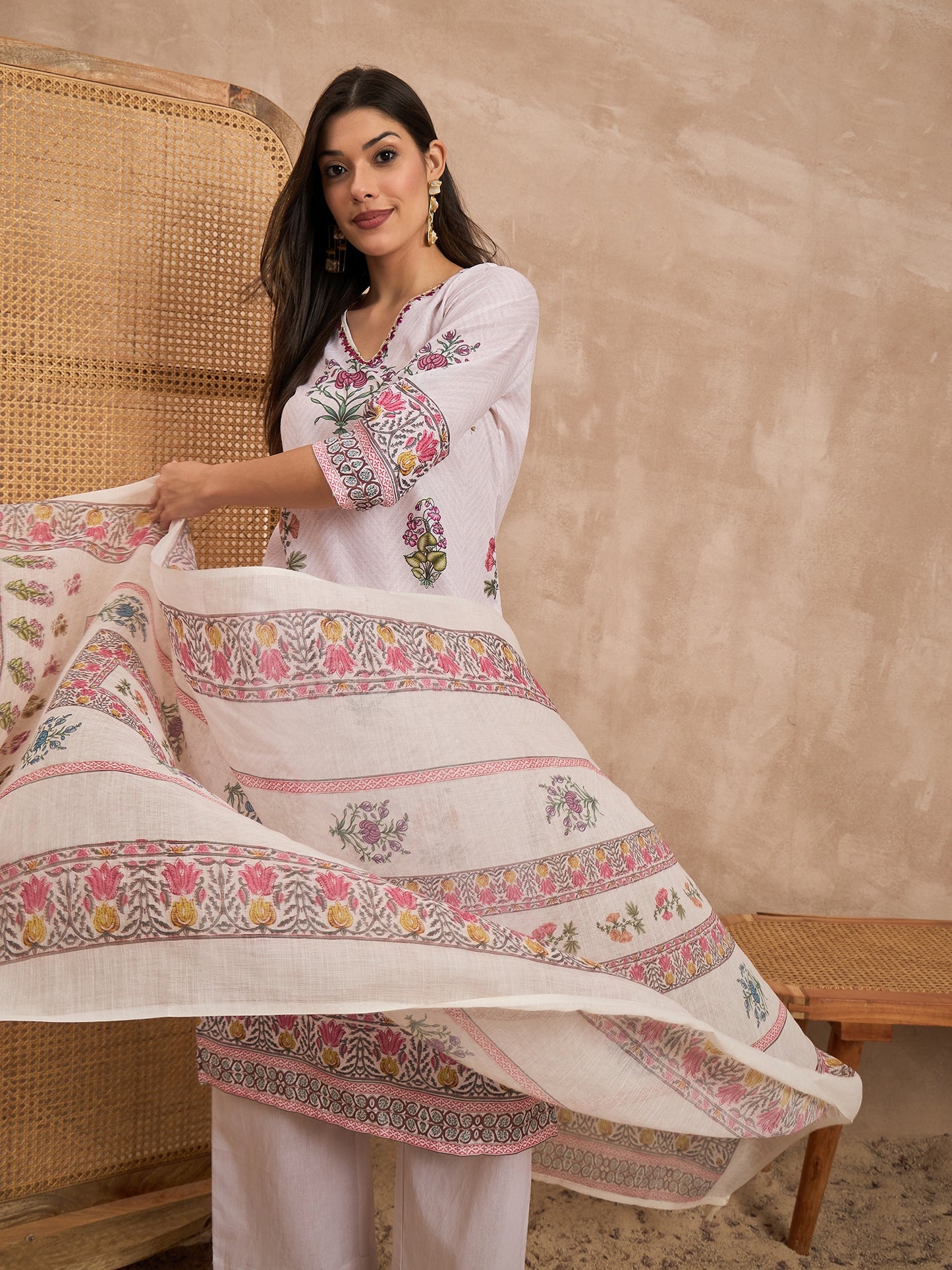 Women Floral Printed Cotton Kurta with Palazzos & Dupatta