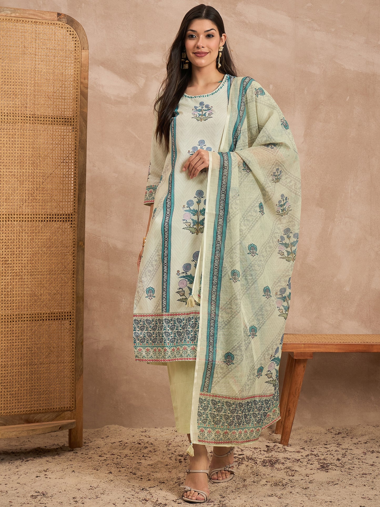 Women Floral Printed Cotton Kurta with Trousers & Dupatta