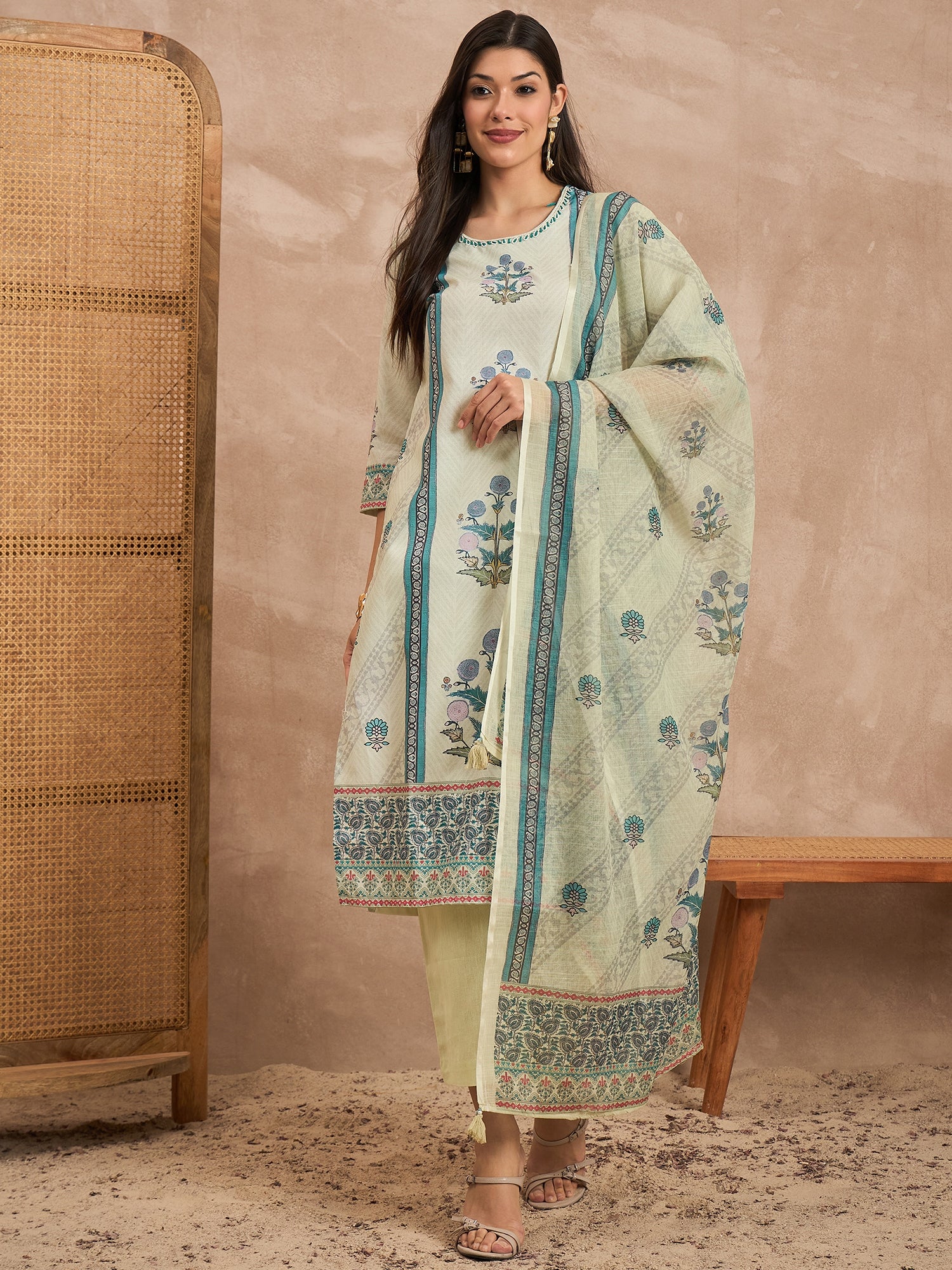 Women Floral Printed Cotton Kurta with Trousers & Dupatta