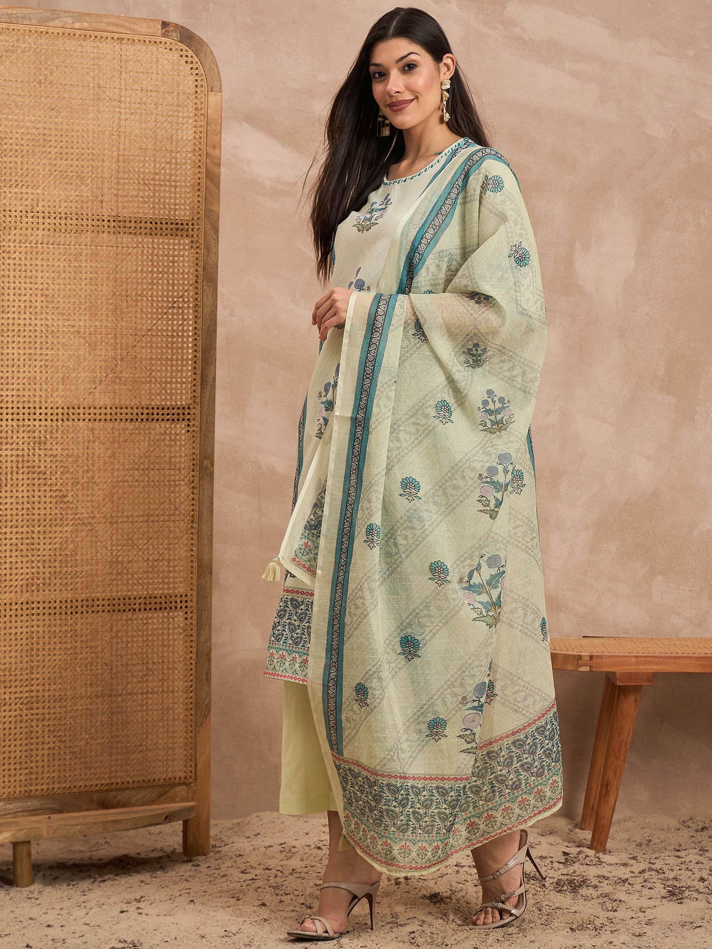 Women Floral Printed Cotton Kurta with Trousers & Dupatta
