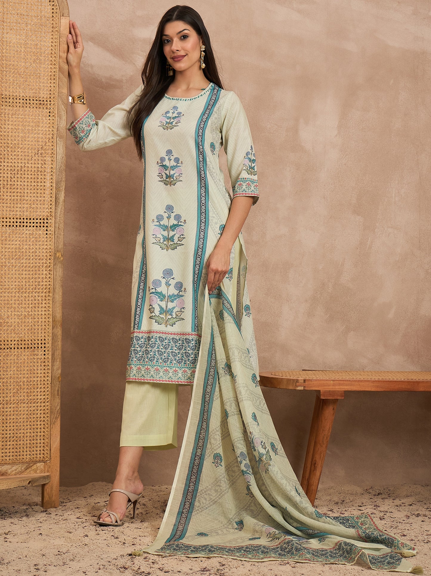Women Floral Printed Cotton Kurta with Trousers & Dupatta