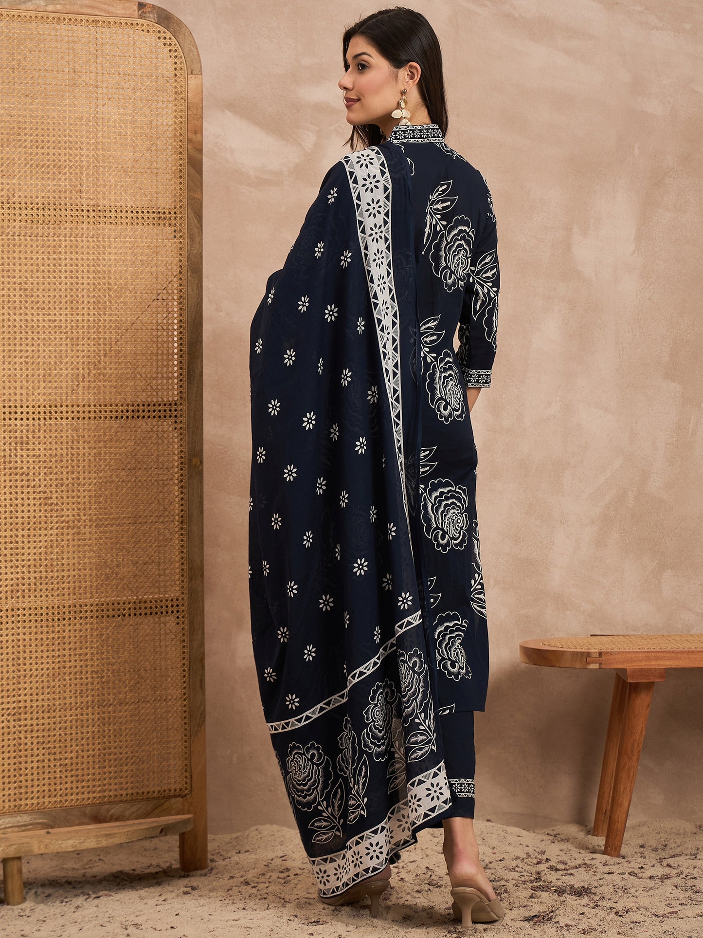 Women Floral Printed Cotton Kurta with Palazzos & Dupatta