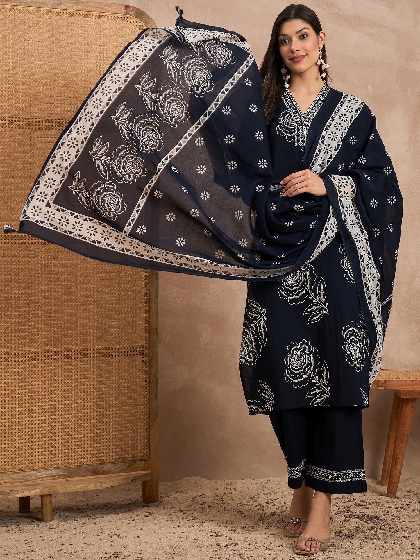 Women Floral Printed Cotton Kurta with Palazzos & Dupatta