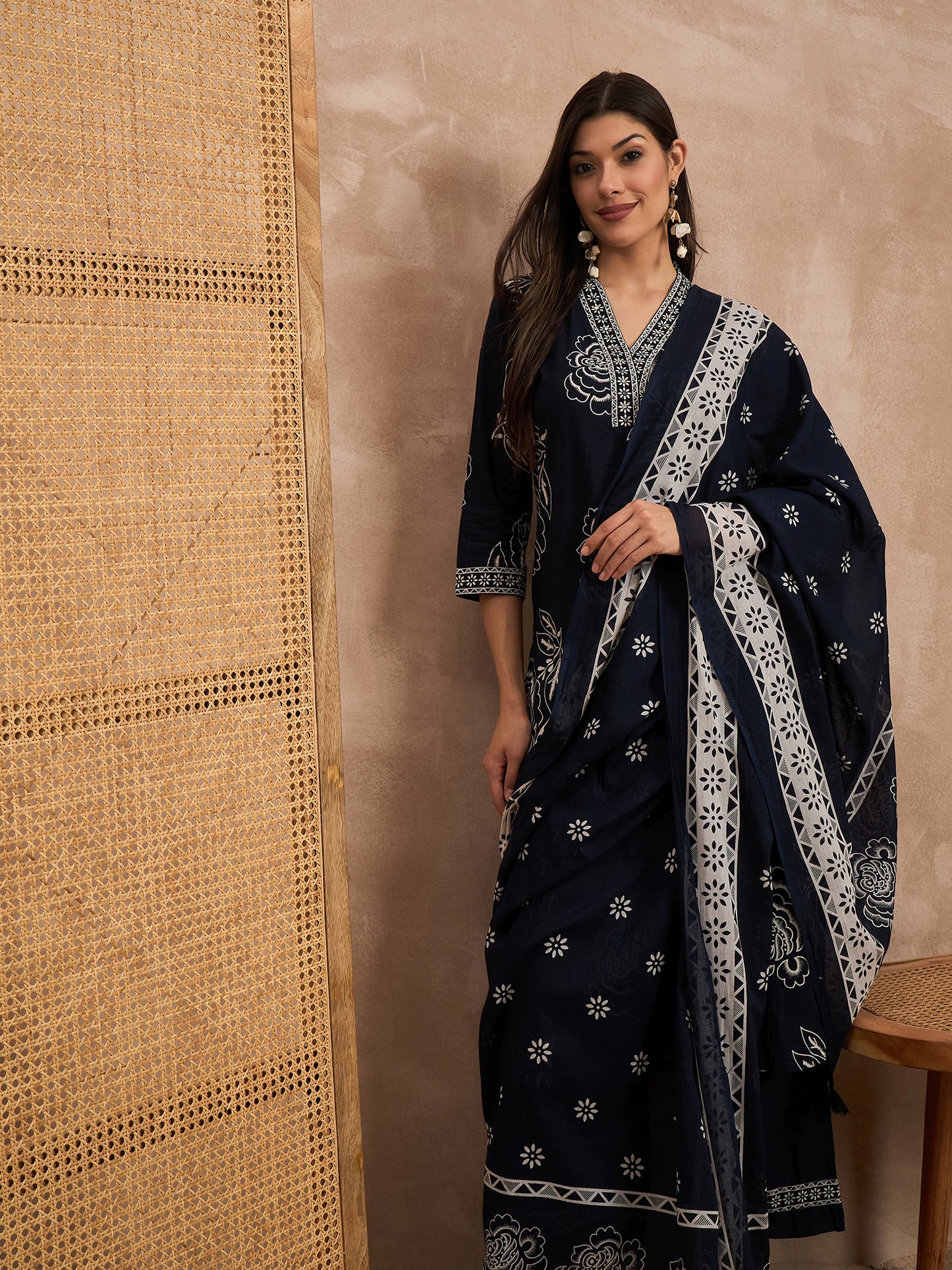 Women Floral Printed Cotton Kurta with Palazzos & Dupatta