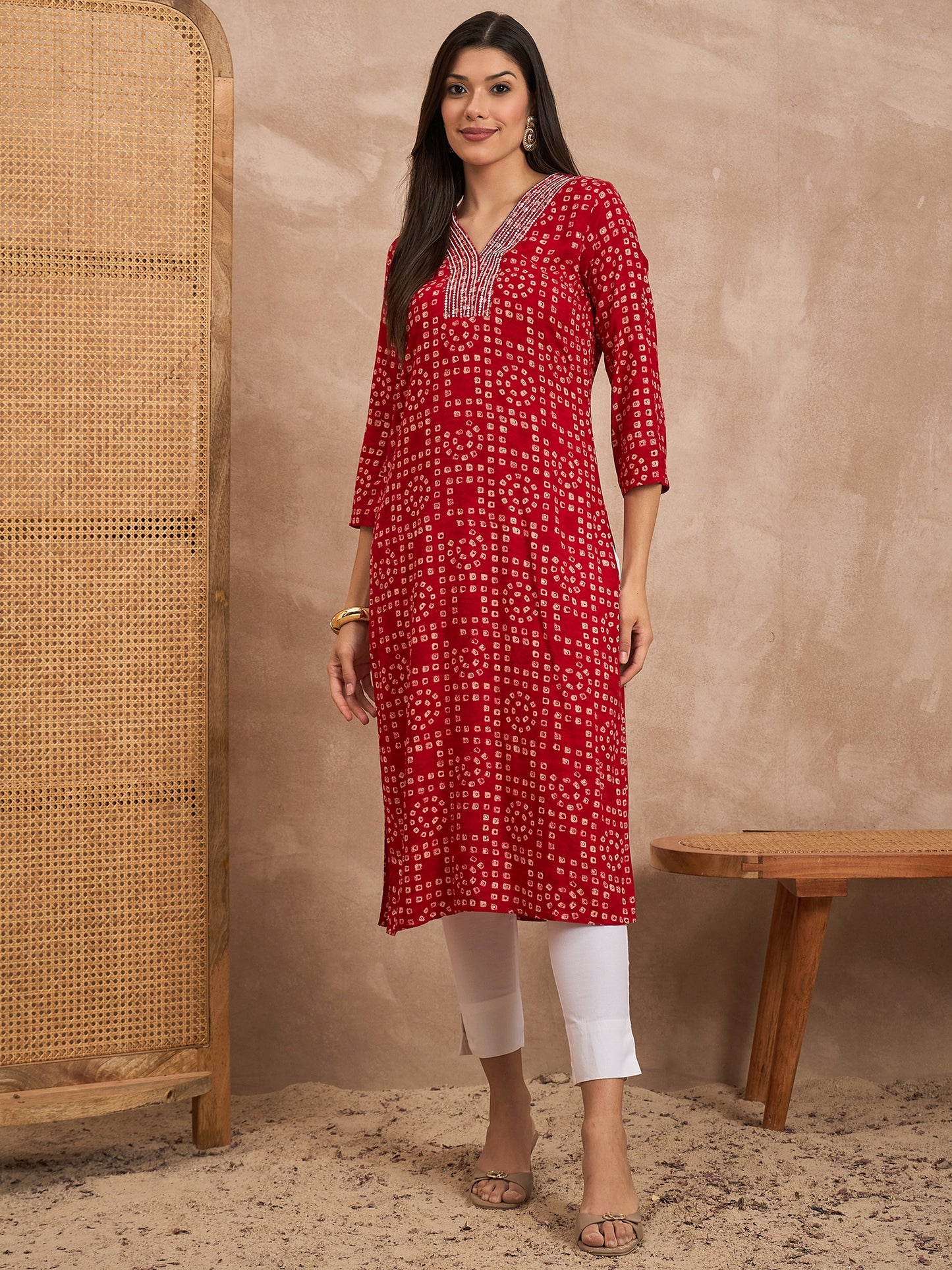 Women Viscose Rayon Printed Hand Work Emblished Kurti