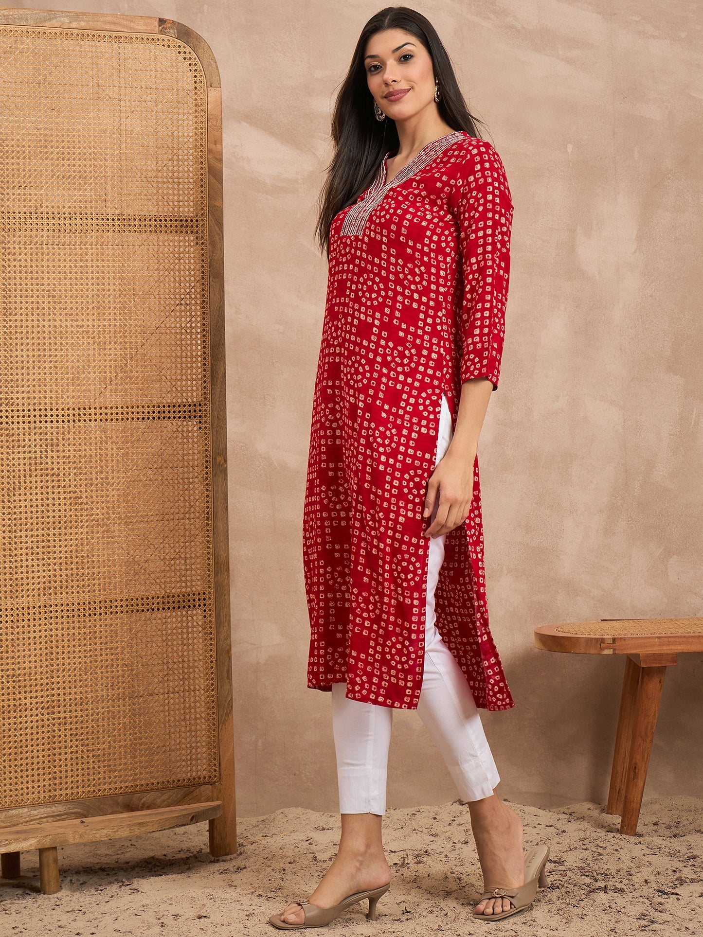 Women Viscose Rayon Printed Hand Work Emblished Kurti