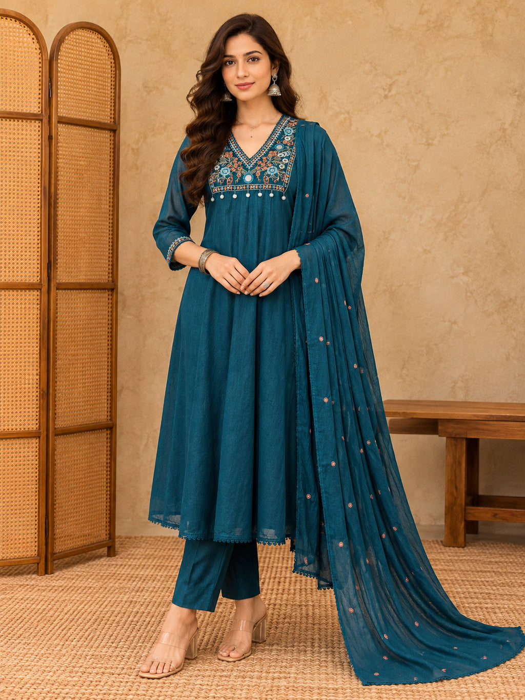 Women Ethnic Motifs Embroidered Regular Mirror Work Kurta with Trousers & With Dupatta