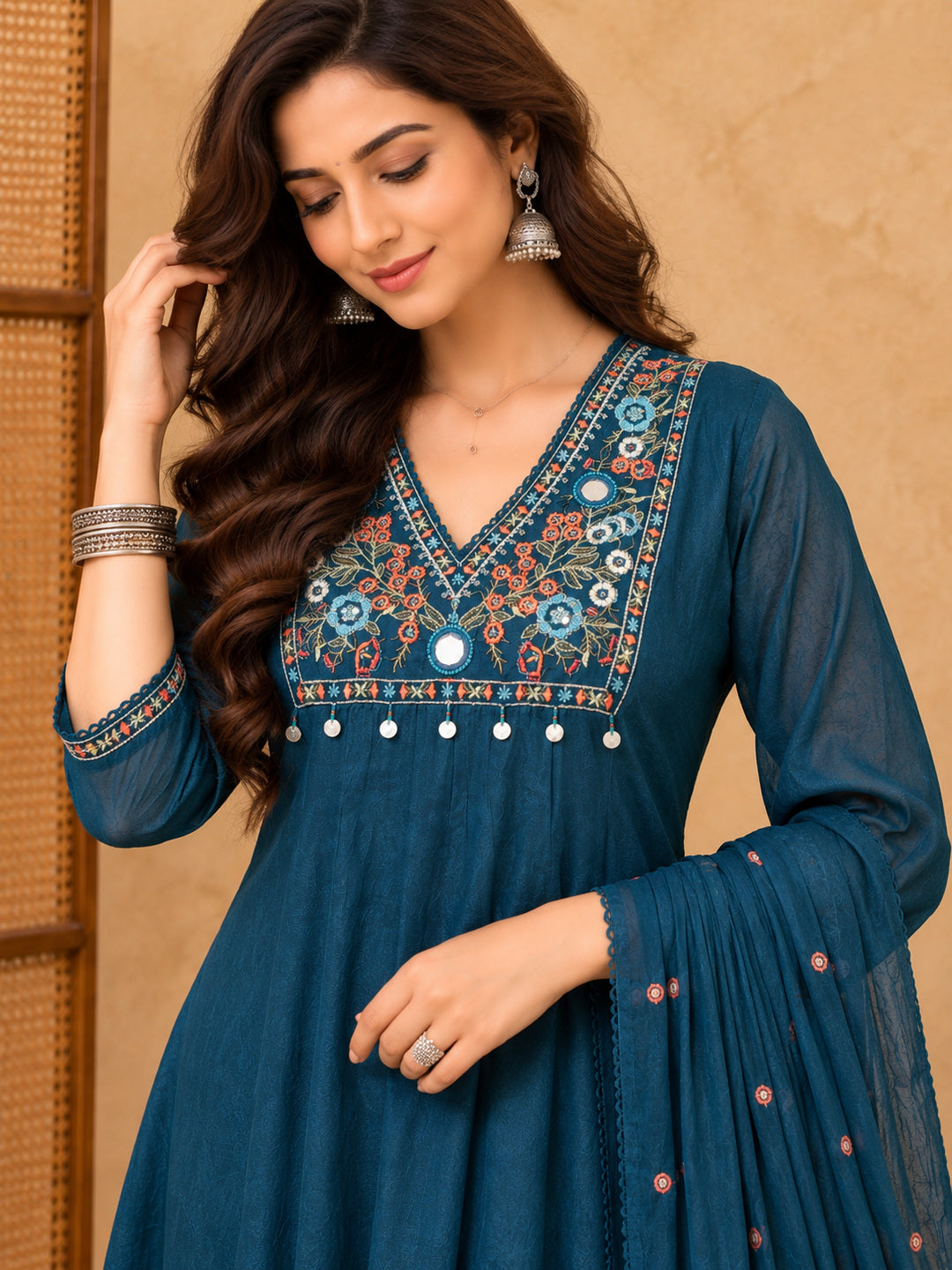 Women Ethnic Motifs Embroidered Regular Mirror Work Kurta with Trousers & With Dupatta