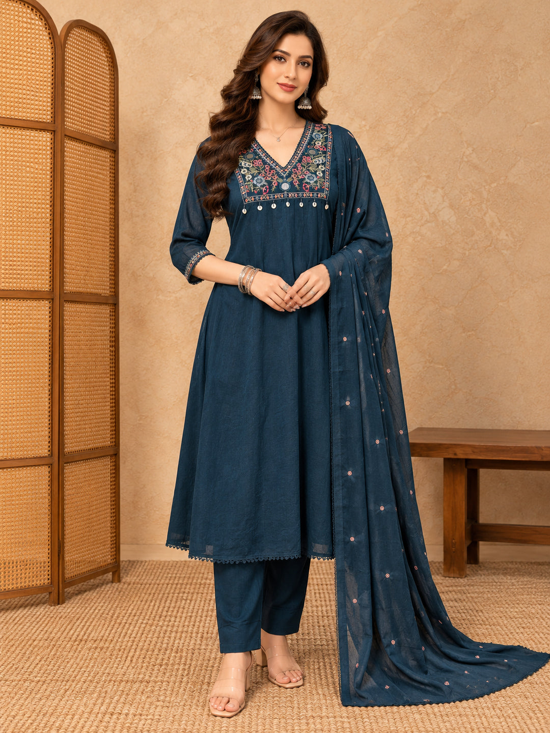 Women Ethnic Motifs Embroidered Regular Thread Work Kurta with Trousers & With Dupatta