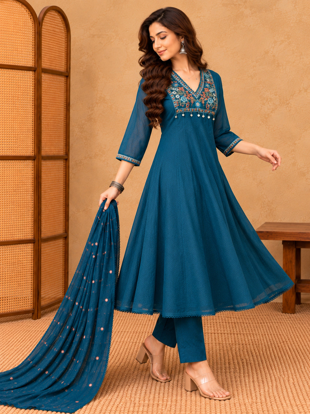 Women Ethnic Motifs Embroidered Regular Mirror Work Kurta with Trousers & With Dupatta