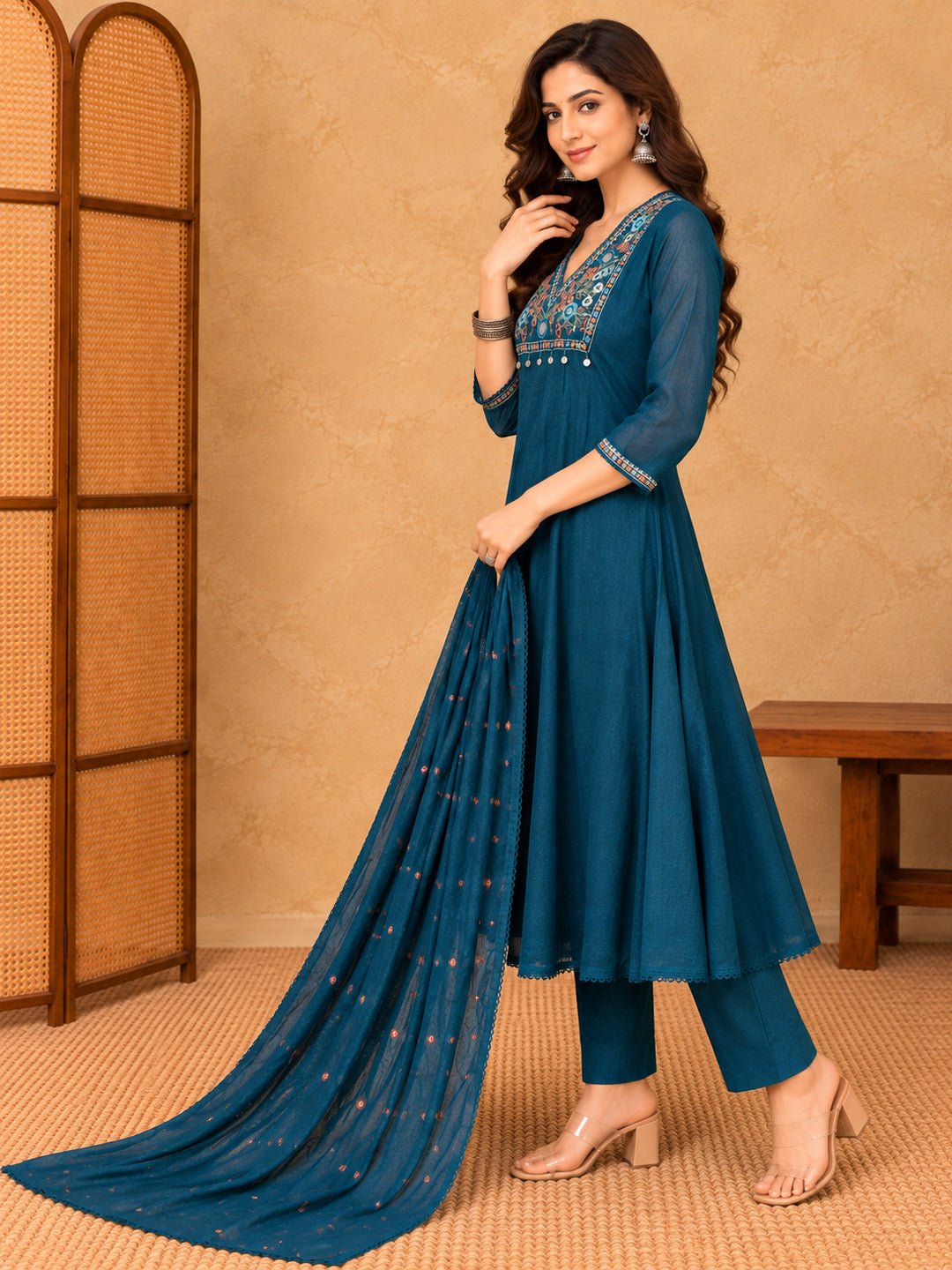 Women Ethnic Motifs Embroidered Regular Mirror Work Kurta with Trousers & With Dupatta