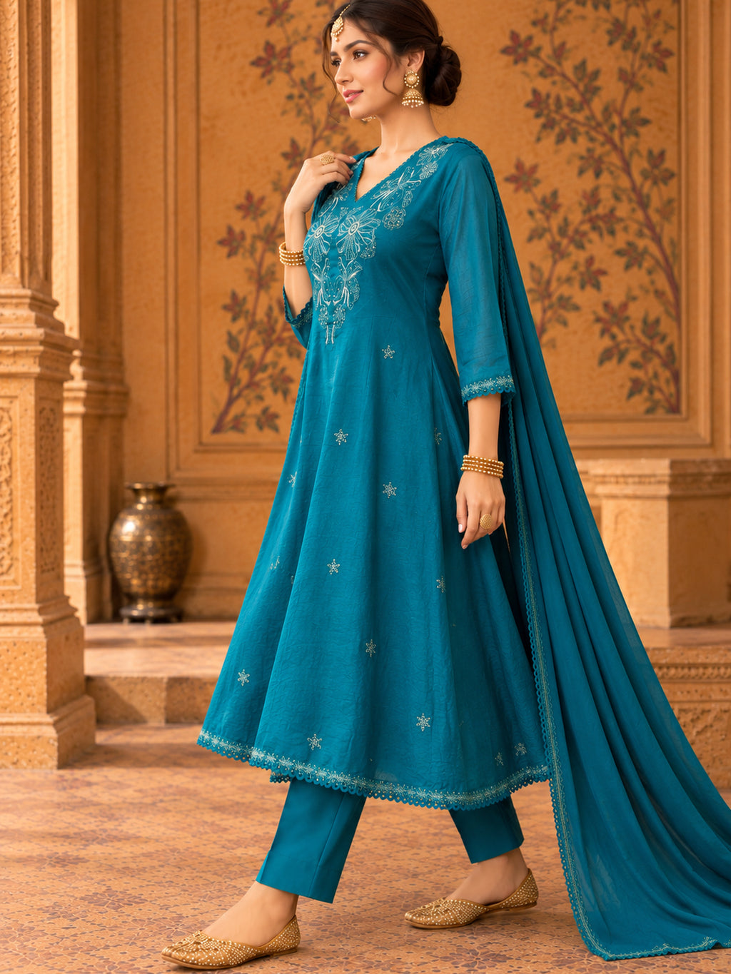 Women Ethnic Motifs Embroidered Regular Thread Work Kurta with Trousers & With Dupatta