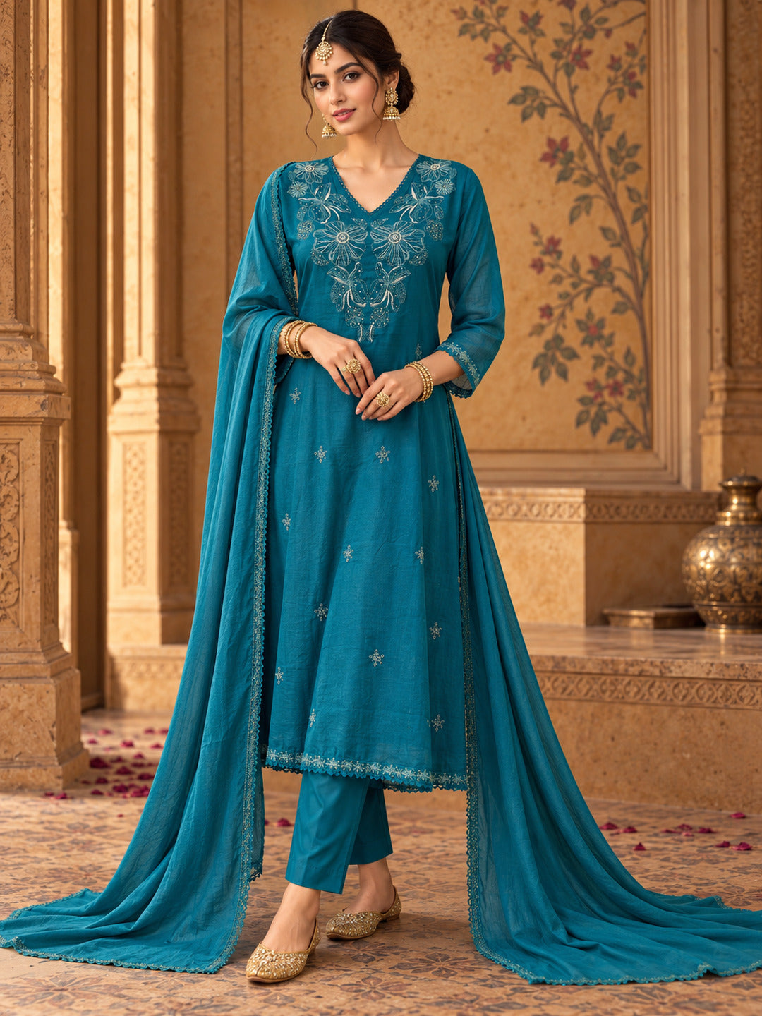 Women Ethnic Motifs Embroidered Regular Thread Work Kurta with Trousers & With Dupatta