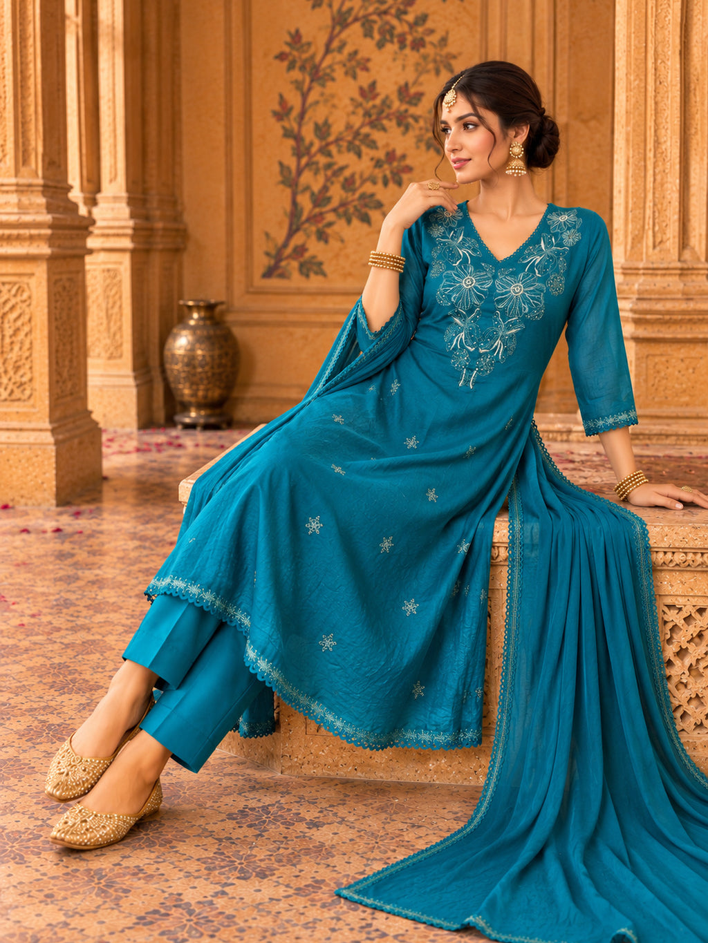 Women Ethnic Motifs Embroidered Regular Thread Work Kurta with Trousers & With Dupatta